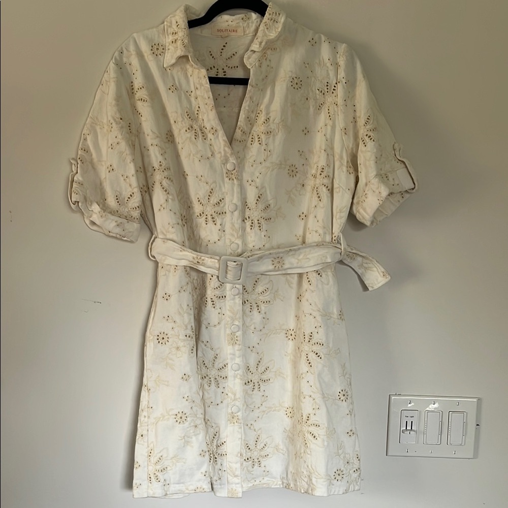 Denim Eyelet Belted Cream Dress